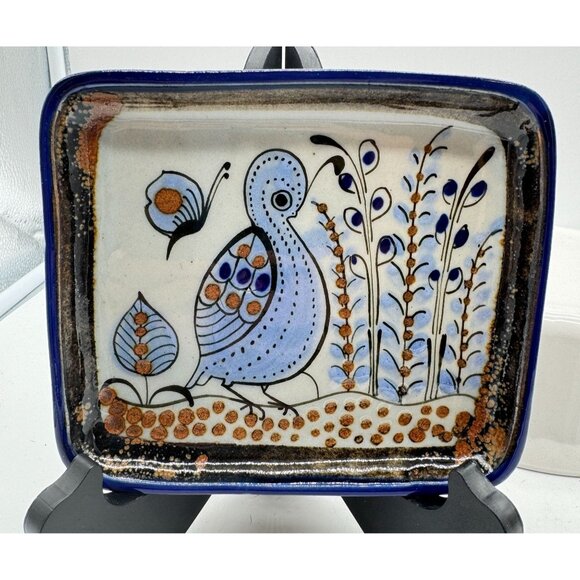 Ken Edwards El Palomar Tonala Studio Pottery Dish Mexico Flower Quail 6.5"x 5.5" - Picture 1 of 6